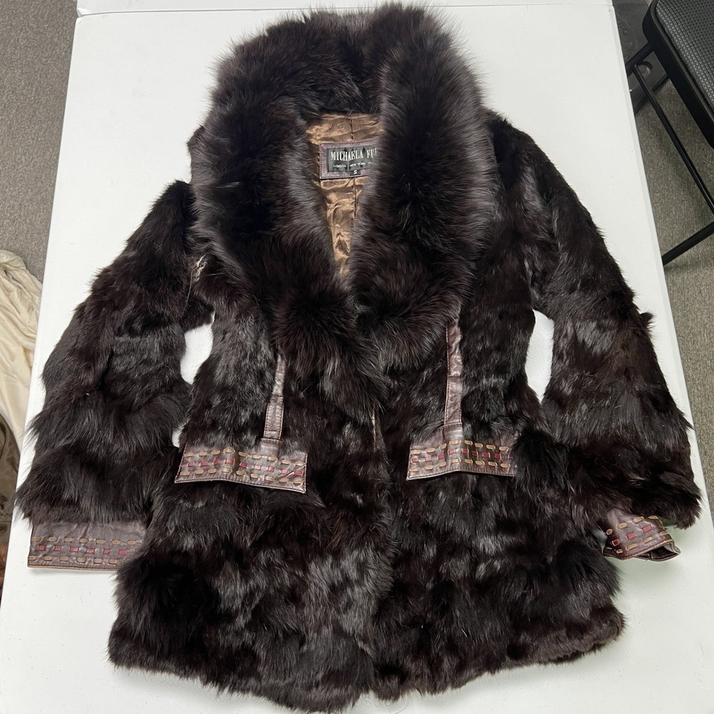 Michaela Frey Fur Coat Womens S Brown Rabbit Fox Fur Leather Trim Whipstitch